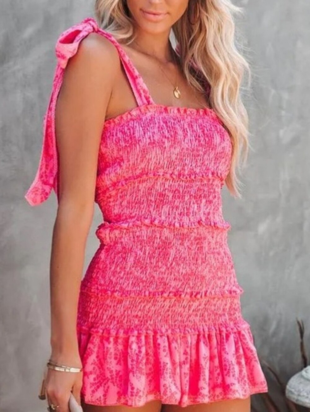 VICI Collection Pink & Orange Floral Sonja Smocked Tie-Strap Mini Dress